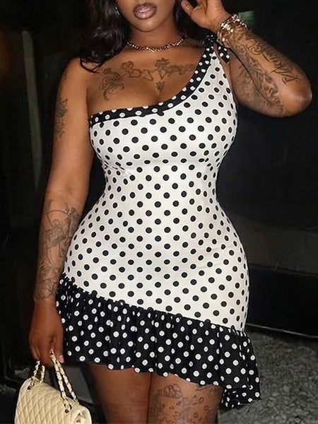 Dot One-Shoulder Ruffle Dress
