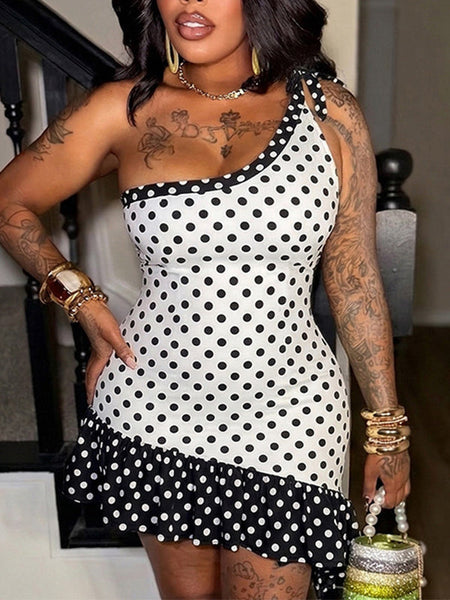 Dot One-Shoulder Ruffle Dress