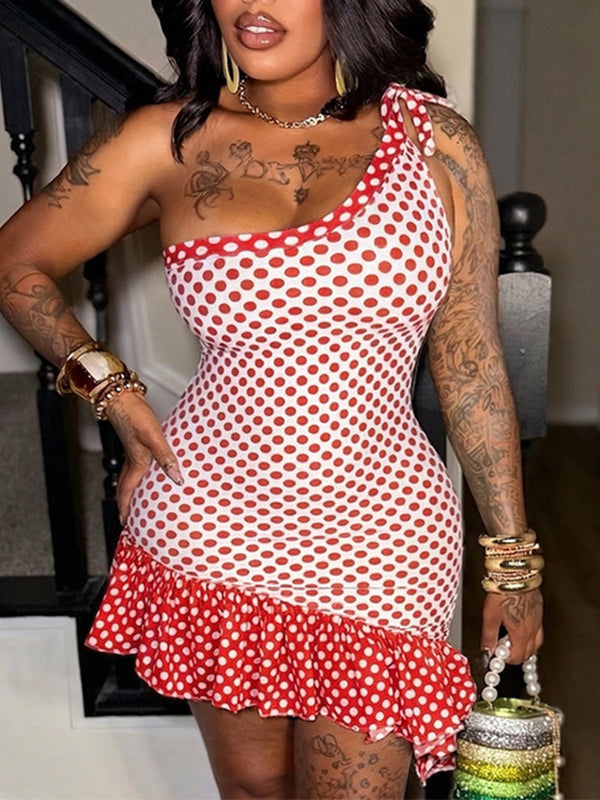 Dot One-Shoulder Ruffle Dress