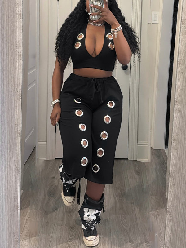 Eyelet Halter Top & Capri Pants Set