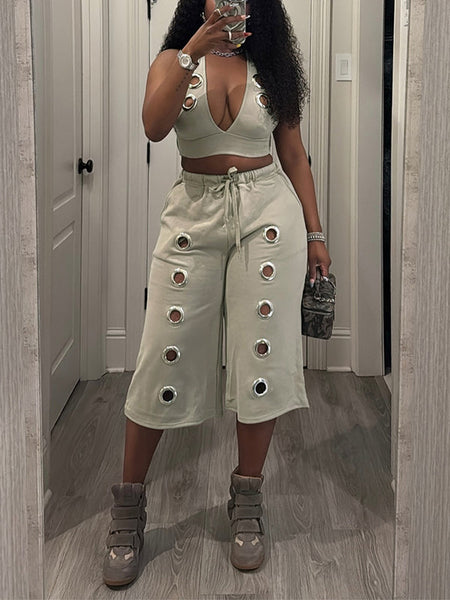 Eyelet Halter Top & Capri Pants Set