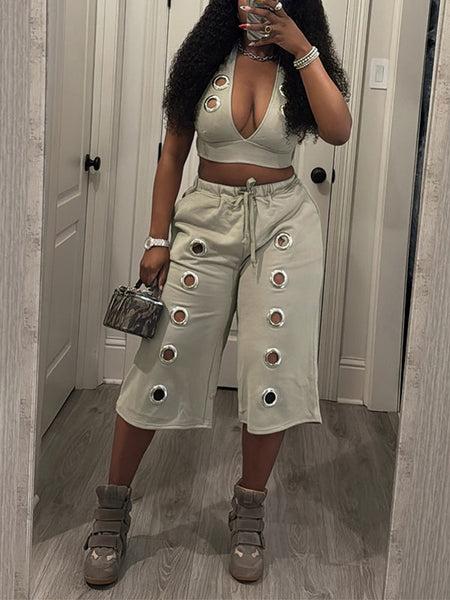 Eyelet Halter Top & Capri Pants Set