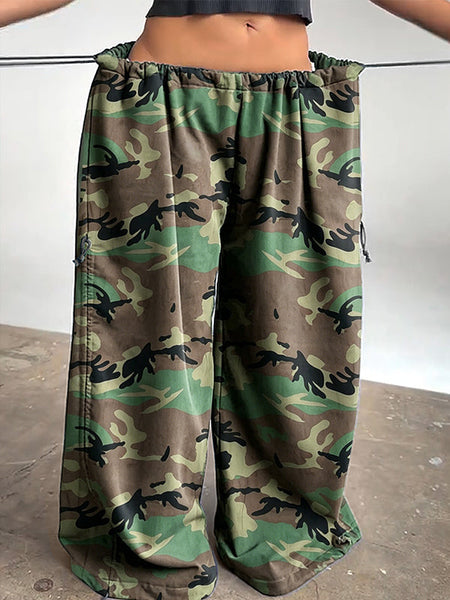 Camo Drawstring Wide-Leg Pants
