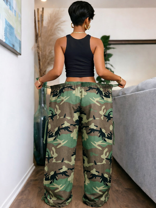 Camo Drawstring Wide-Leg Pants