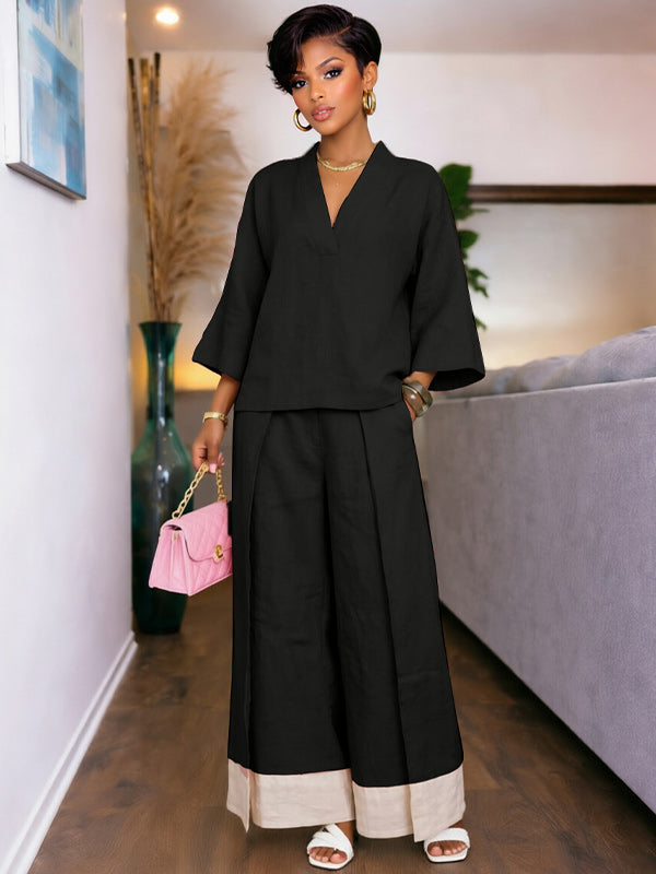 V-Neck Top & Wide-Leg Pants Set