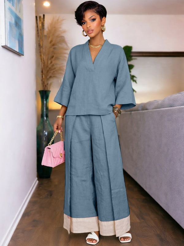 V-Neck Top & Wide-Leg Pants Set