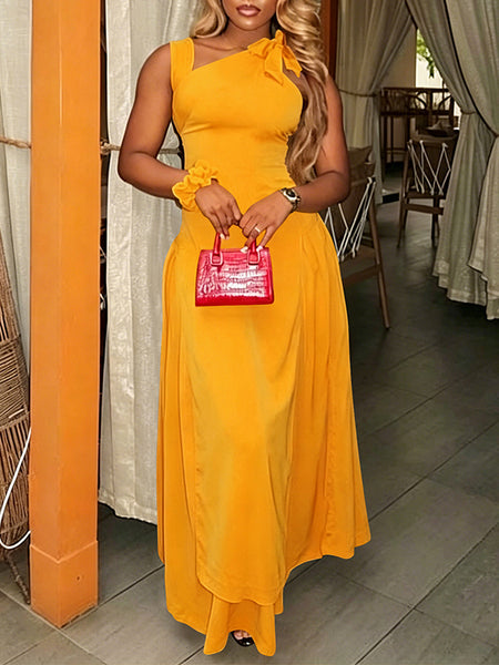 Asymmetric-Neck Sleeveless Dress