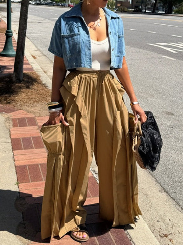 Wide-Leg Frilled Cargo Pants
