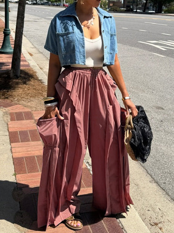 Wide-Leg Frilled Cargo Pants