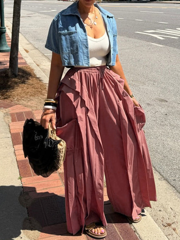 Wide-Leg Frilled Cargo Pants