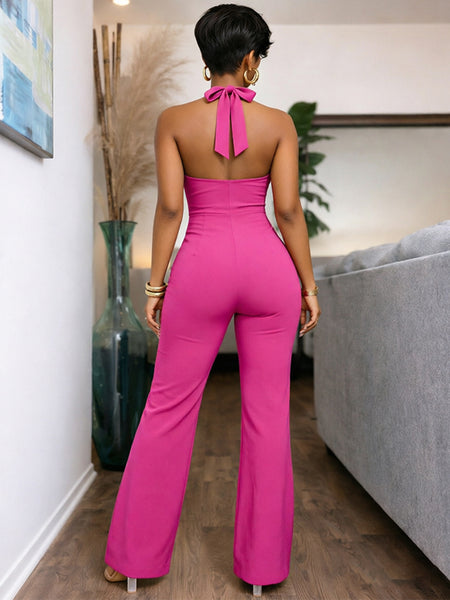 Button-Front Halter Jumpsuit