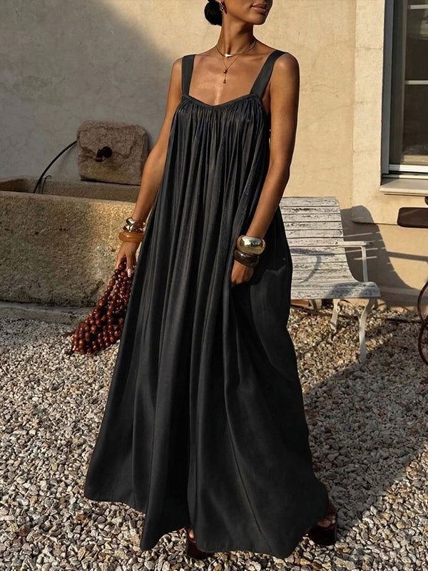 Solid Pleated Sleeveless Maxi Dress