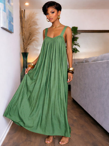 Solid Pleated Sleeveless Maxi Dress