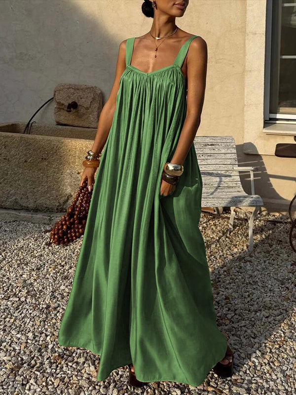 Solid Pleated Sleeveless Maxi Dress