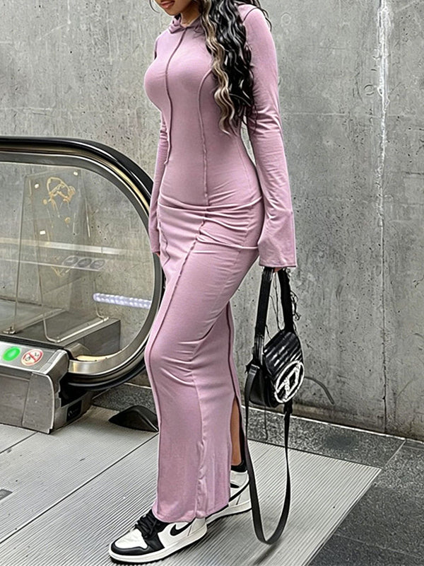 Solid Slit Hoodie Dress