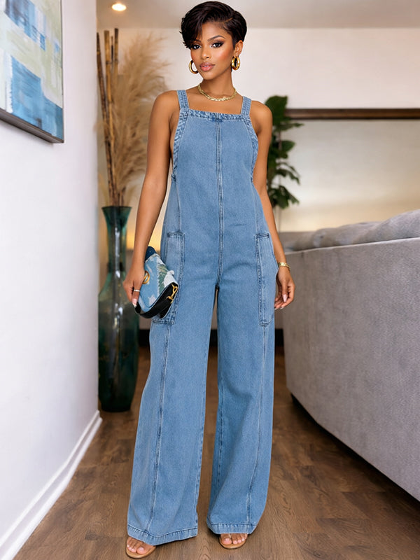 Wide-Leg Sleeveless Denim Jumpsuit