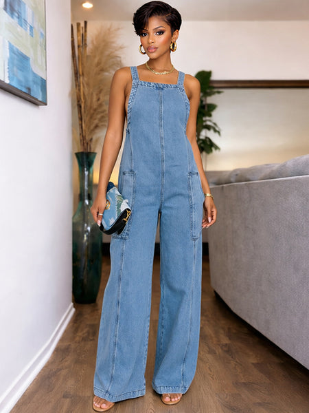Wide-Leg Sleeveless Denim Jumpsuit