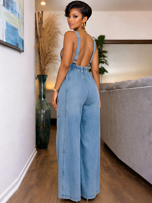 Wide-Leg Sleeveless Denim Jumpsuit