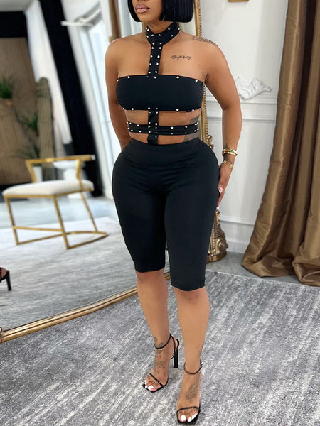 Studded Cutout Halter Capri Jumpsuit