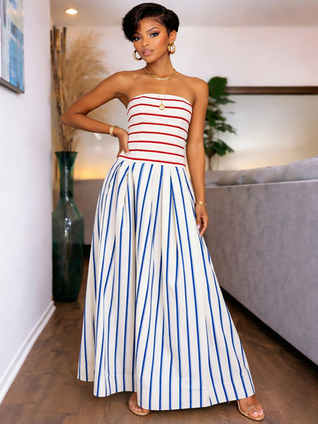 Stripe Combo Strapless Maxi Dress