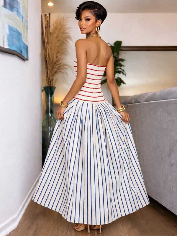 Stripe Combo Strapless Maxi Dress