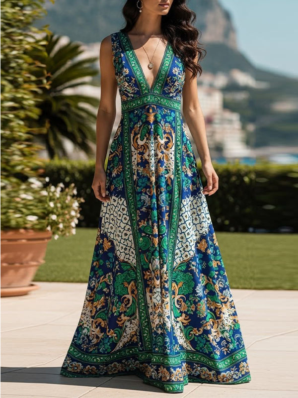 Printed V-Neck Sleeveless Dress