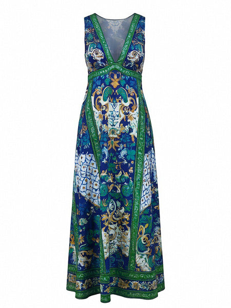 Printed V-Neck Sleeveless Dress