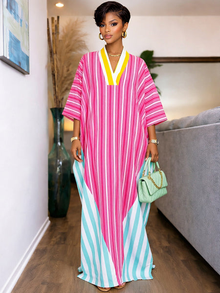 Stripe-Combo V-Neck Dress