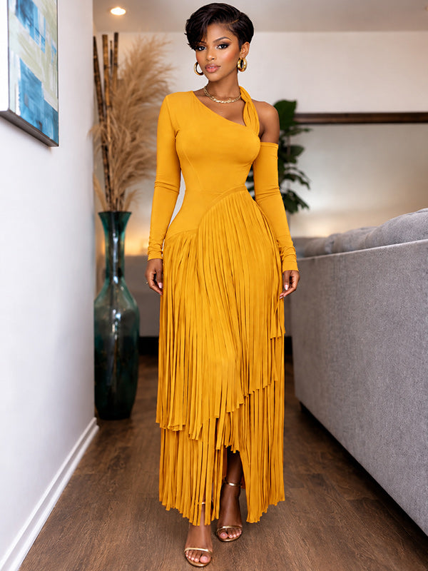 Asymmetric-Neck Fringe Dress