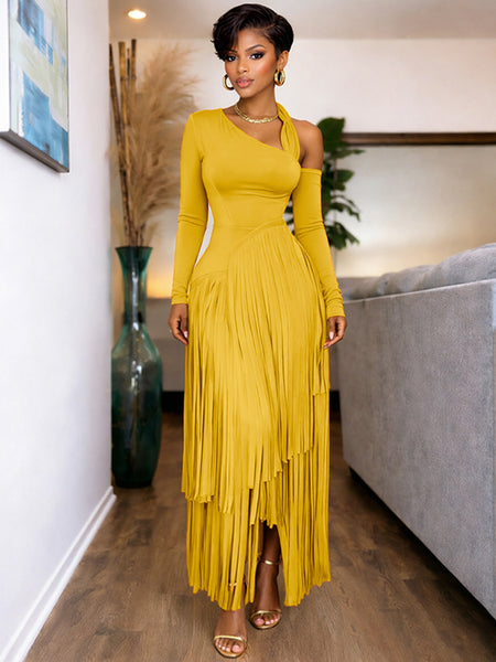 Asymmetric-Neck Fringe Dress