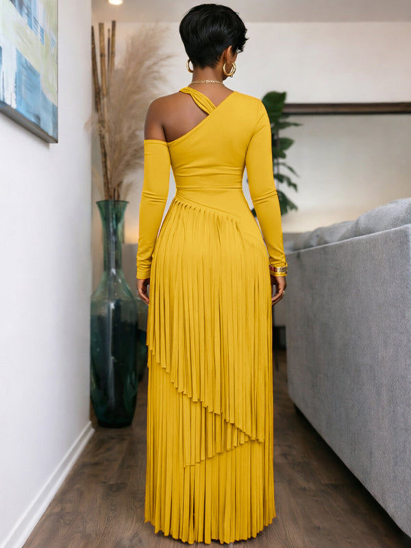 Asymmetric-Neck Fringe Dress