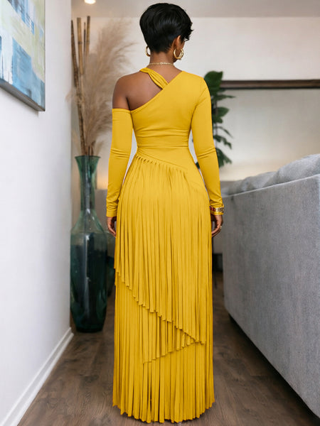 Asymmetric-Neck Fringe Dress