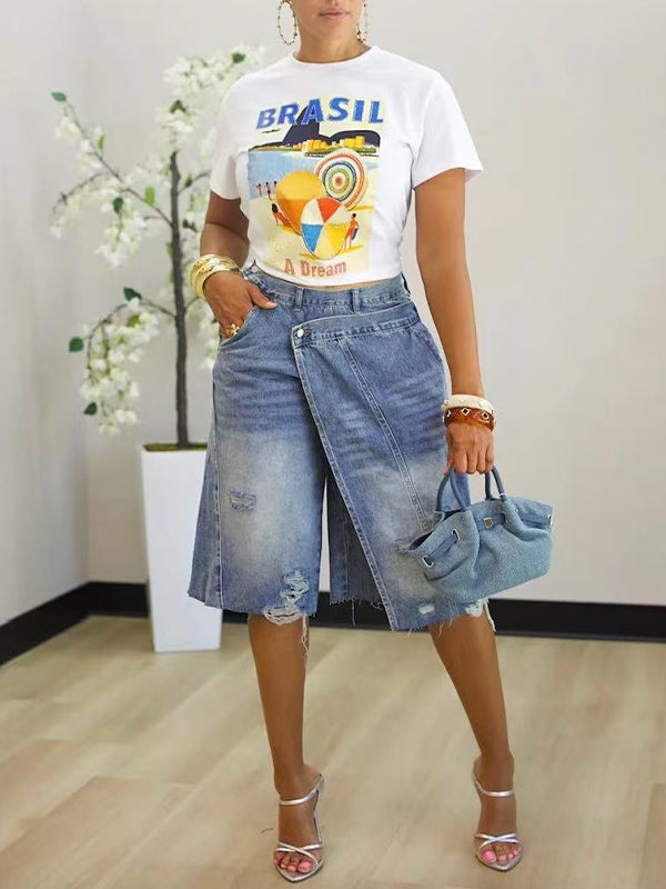 Asymmetric Bermuda Denim Shorts