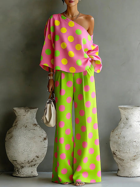 Dot Boat-Neck Top & Pants Set