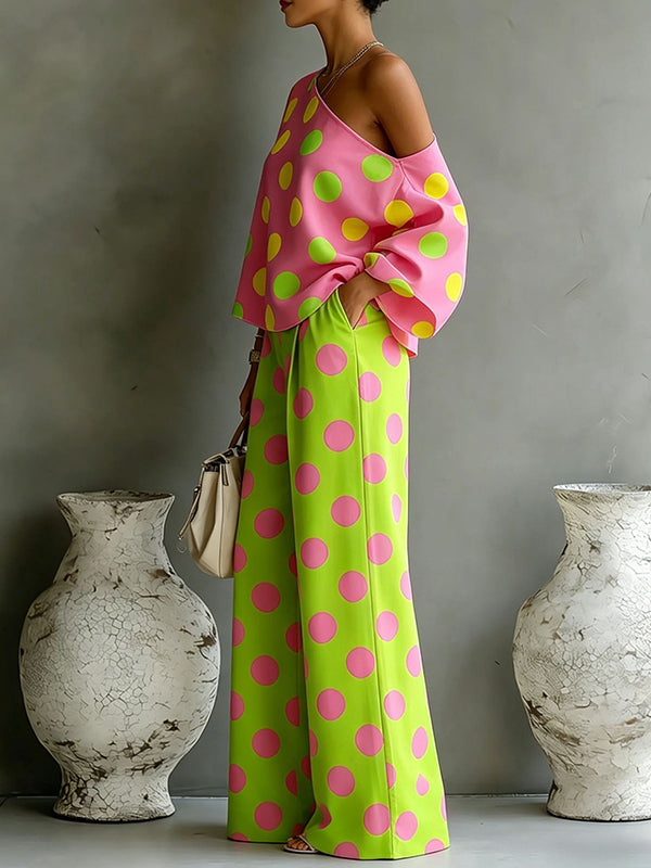 Dot Boat-Neck Top & Pants Set