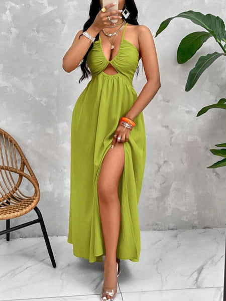 Solid Cutout Slit Halter Dress