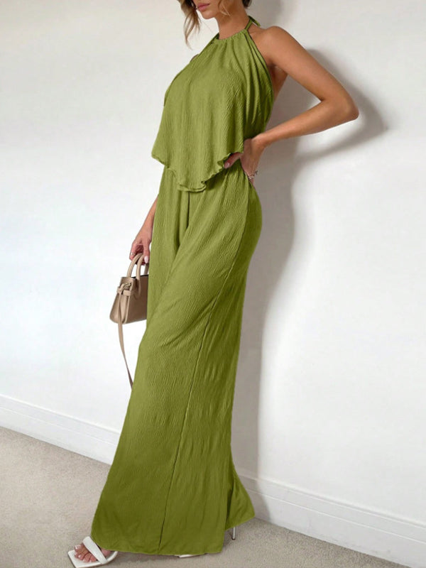 Solid Halter Top & Wide-Leg Pants Set