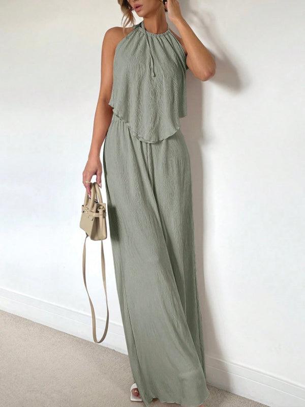 Solid Halter Top & Wide-Leg Pants Set
