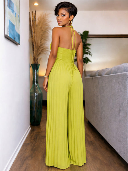 Solid Halter Pleated Wide-Leg Jumpsuit