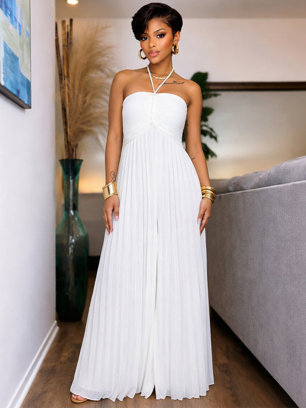 Solid Halter Pleated Wide-Leg Jumpsuit