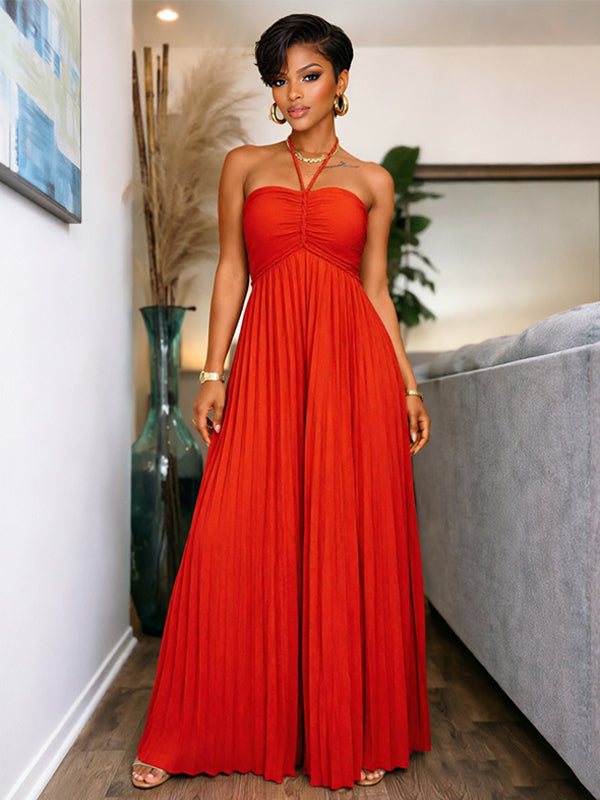 Solid Halter Pleated Wide-Leg Jumpsuit