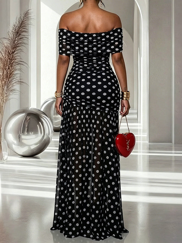Dot Off-Shoulder Slit Dress
