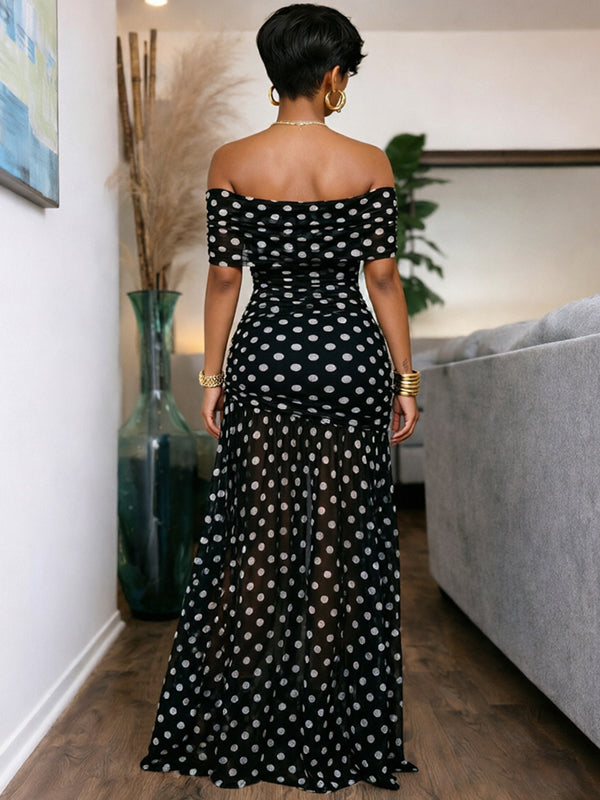 Dot Off-Shoulder Slit Dress