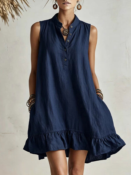 Button-Front Sleeveless Ruffle Dress
