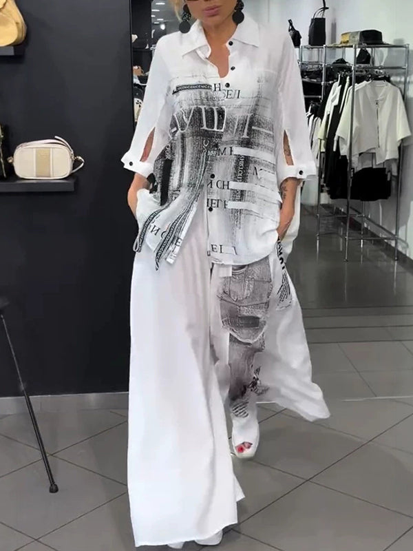 Printed Shirt & Wide-Leg Pants Set