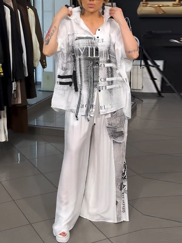 Printed Shirt & Wide-Leg Pants Set
