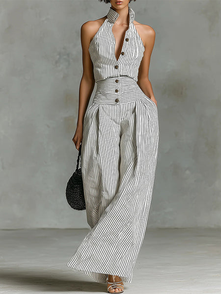 Stripe Button-Front Sleeveless Jumpsuit
