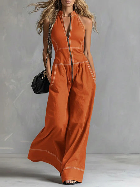 Zip-Front Wide-Leg Sleeveless Jumpsuit