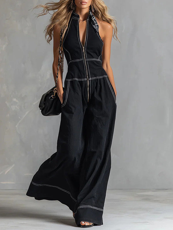 Zip-Front Wide-Leg Sleeveless Jumpsuit