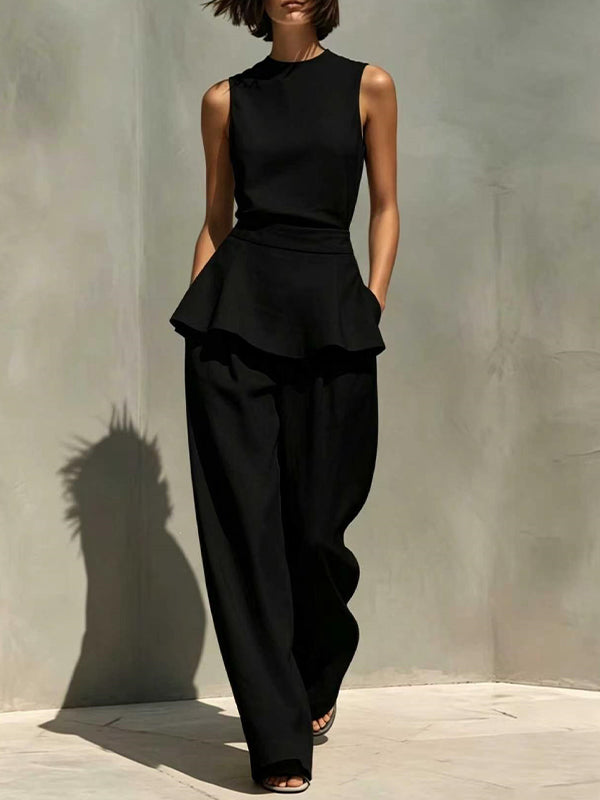 Solid Peplum Tank Top & Pants Set